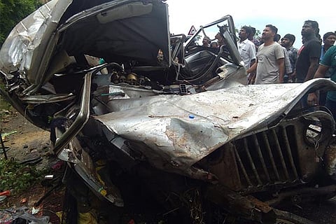 The mangled remains of vehicle at Bodimettu in Theni on Monday evening
