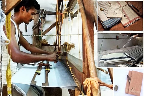 A weaver in action on a loom; (right) products created by Nurpu Handloom Weaving Society