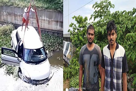 The car being taken out from the  Buckingham canal; (top) The college students who were travelling in the car
