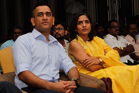 File photo of Rupa Gurunath (right) with MS Dhoni