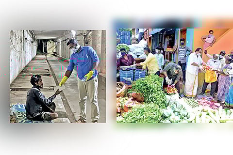 Volunteers belonging to NGOs supplying relief materials in the city