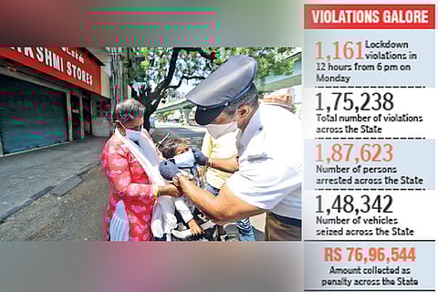 A policeman helps a child with a mask after the family was stopped for not wearing masks in the city