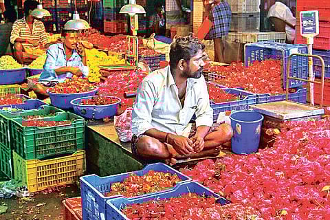 There are hardly any takers for flowers at Koyambedu market