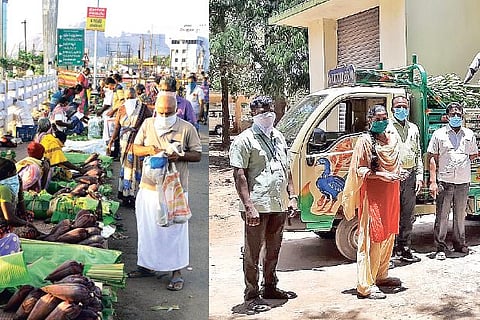 vegetables from roadside, Farmer Mathiazhagan handing over the banana to officials