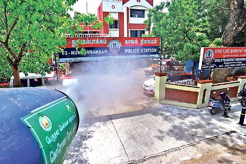 Disinfectants being sprayed on Nungambakkam police station building