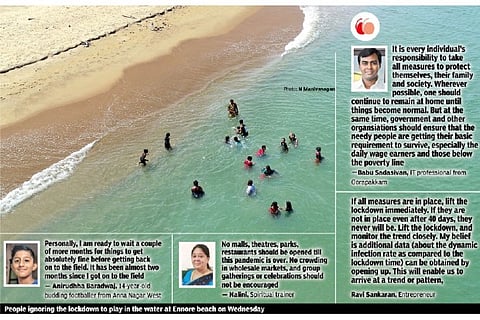 People ignoring the lockdown to play in the water at Ennore beach on Wednesday