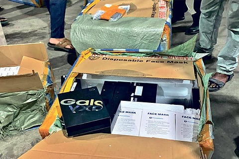 The consignment, with ?N95 masks? written on it, contained 40 Samsung Galaxy 5G smartphones