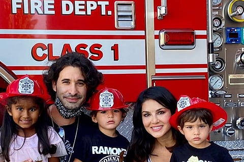 Sunny Leone, family have a day out with firemen