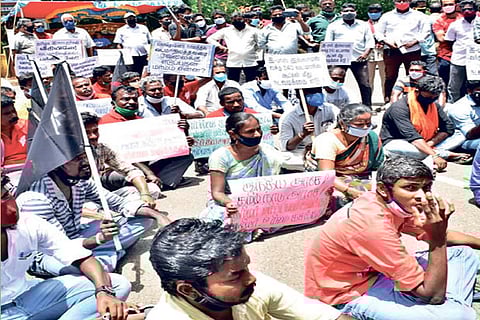 Members of pro-Tamil outfits protesting in front of the armoury gate of Golden Rock Railway Workshop