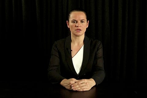 Belarusian opposition politician Sviatlana Tsikhanouskaya in a video from an unknown location