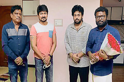 Udhayanidhi Stalin (second from left) and Arunraja Kamaraj (extreme right)