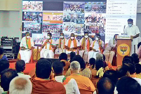 Virtual executive meeting of the BJP in progress at state headquarters in Chennai on Monday