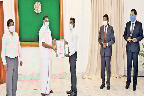 Sridhar receiving the Centre?s award from the Chief Minster in Chennai on Monday