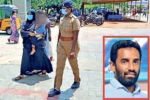 Salma, wife of Thoufeeq (inset), being secured in Tiruchy