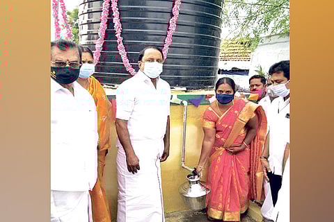 School Education Minister KA Sengottaiyan inaugurating a water tank near Gobichettipalayam in Erode