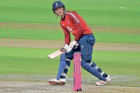 England opener Tom Banton plays a scoop shot en route to his fifty