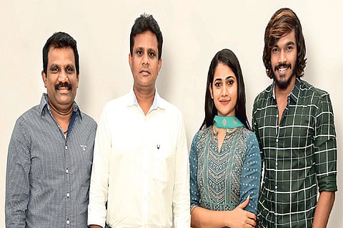 (From left) Director JM Raja Saravanan, producer G Dilli Babu, Losliya Mariyanesan and K Pooranesh