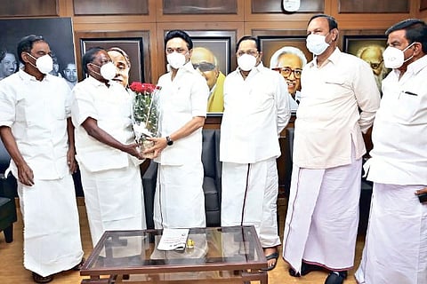 Puducherry CM V Narayanasamy made courtesy call on DMK chief MK Stalin at Anna Arivalayam