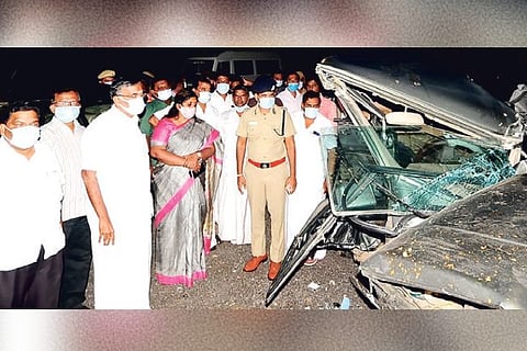 Higher Education Minister KP Anbalagan inspecting the accident spot late on Saturday