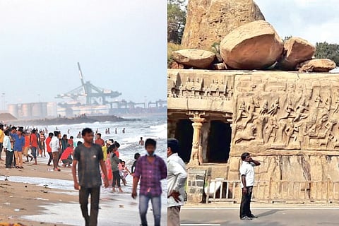 People throng the Marina beach on Monday; Tourists at Mahabalipuram