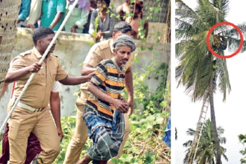 Police personnel and onlookers at the site in Thanjavur