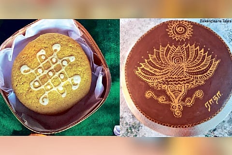 Kolam designs made with icing (top) and gold dust on top of chocolate ganache (left)