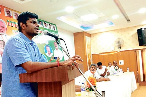 Annamalai during a party meet in Coimbatore on Sunday.