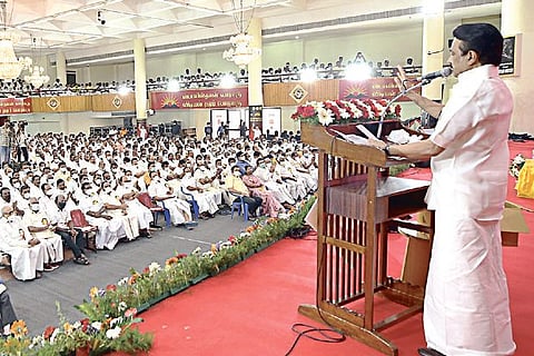 Stalin addresses party workers at Anna Arivalayam on Sunday.