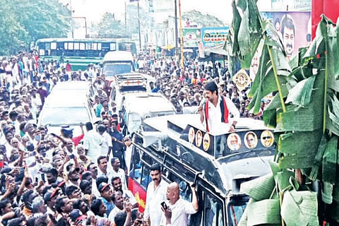DMK youth wing leader Udhayanidhi Stalin campaigning in Ariyalur on Thursday