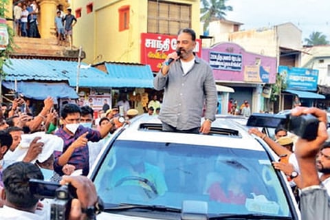 Kamal Haasan interacting with people in Nagai on Tuesday.