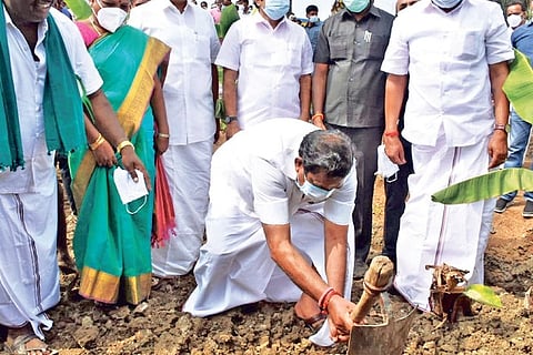 Chief Minister Edappadi K Palaniswami tries his hand at a plantain farm near Musiri on Wednesday.