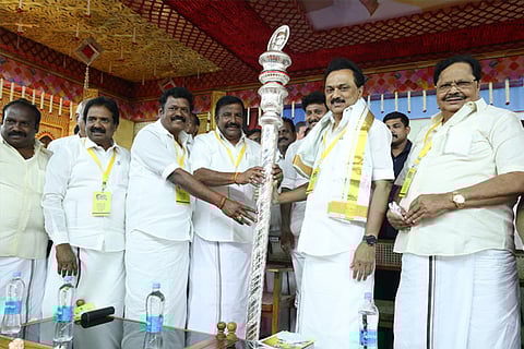 DMK functionaries hounouring party president MK Stalin at the state-level conference