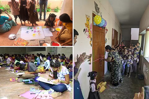 Students involved in activities at the library; opening of the facility (right)