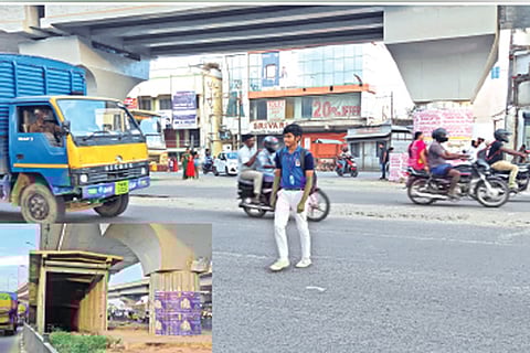 Heavy vehicle movement during peak hours, makes it difficult for pedestrians to cross the road; subway