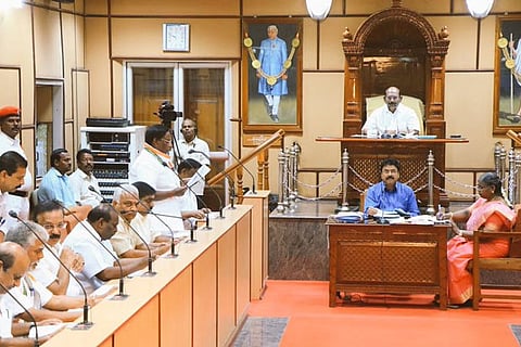 Chief Minister V Narayanasamy speaking at the Puducherry Assembly on Wednesday