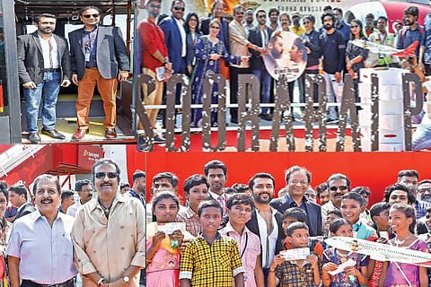 Suriya and Ajay Singh; Suriya with kids from Agaram Foundation; Sivakumar and Mohan Babu