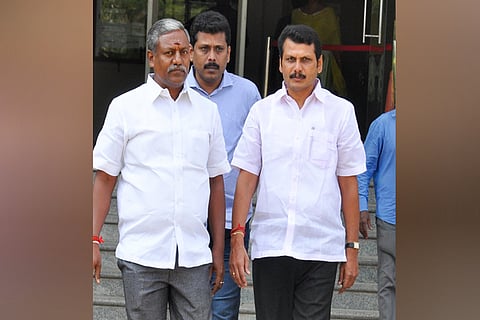 Senthil Balaji (right) at city police headquarters on Friday