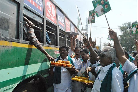 Farmers from Pudukkottai celebrating on Friday