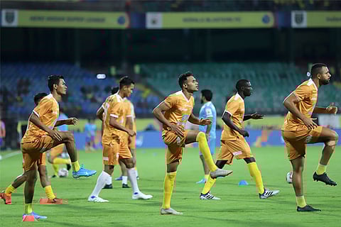 Kerala Blasters FC players during a training session on the eve of their match against Bengaluru FC in ISL