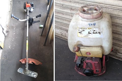 A broken weed-cutter and sprayer lying idle due to lack of spares
