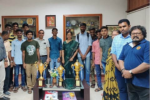 Tiruchy team poses with the trophies won in Rourkela