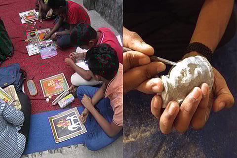 Children engaged in learning traditional pattachitra paintings and stone carving
