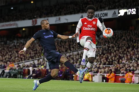 Bukayo Saka (right) set up Eddie Nketiah?s first goal at the Emirates