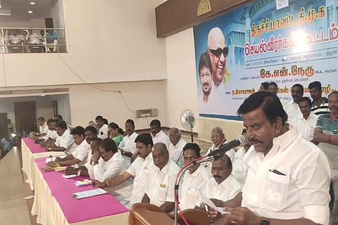 DMK principal secretary KN Nehru addressing the district secretaries meeting in Tiruchy on Monday