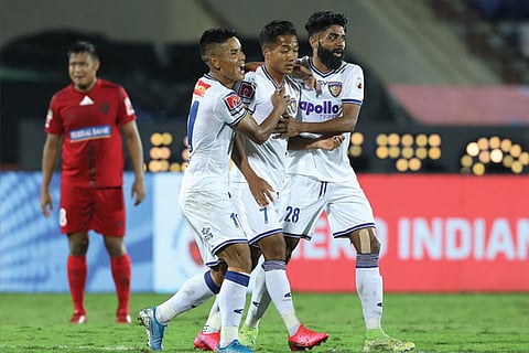 Chennaiyin FC players celebrate the equaliser against NorthEast United in ISL