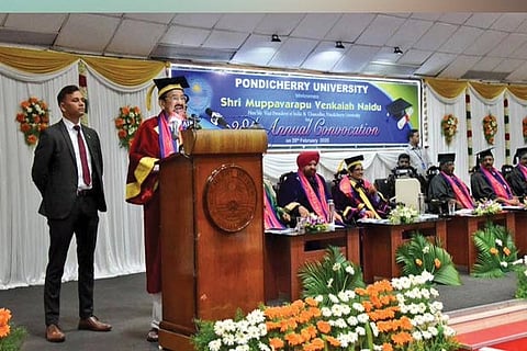 Vice-President M Venkaiah Naidu delivering convocation address at Pondicherry University on Wednesday
