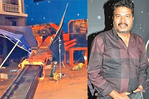 (L) The damaged crane at EVP Studios, (R) Director Shankar