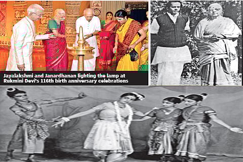 Rukmini Devi Arundale (centre) along with her students, Jayalakshmi ; Janardhanan with his athai