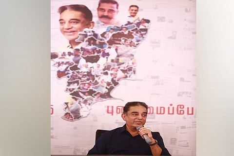 Actor-politician Kamal Haasan talking about the vision document in Chennai on Friday