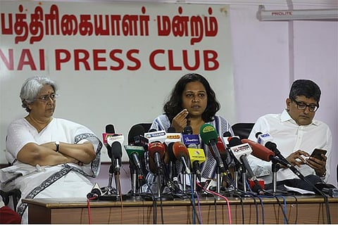 (From left) R Vaigai, Gayathri Khandhadai and T Mohan